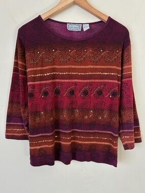 Jane Ashley Y2K Fall Large Cotton Embroidered Sequin Top Burgundy Purple Boho L